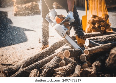 Cordless Chainsaw. Close-up of woodcutter sawing chain saw in motion, sawdust fly to sides. Chainsaw in motion.  Sawdust fly around. Firewood processing. - Powered by Shutterstock