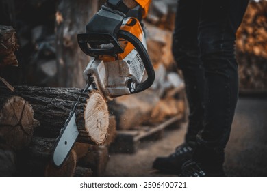 Cordless Chainsaw. Close-up of woodcutter sawing chain saw in motion, sawdust fly to sides. Chainsaw in motion. Hard wood working. Sawdust fly around. Firewood processing. - Powered by Shutterstock