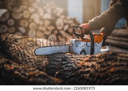 Cordless Chainsaw. Close-up of woodcutter sawing chain saw in motion, sawdust fly to sides. Chainsaw in motion. Hard wood working in forest. Sawdust fly around. Firewood processing.