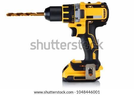cordless drill, screwdriver with drill bit on white background