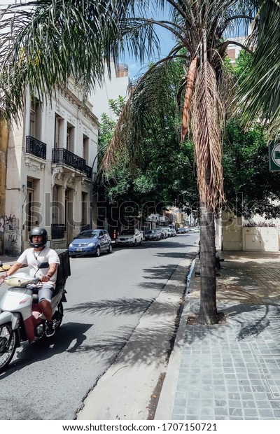 CORDOBA, ARGENTINA -\
CIRCA OCTOBER 2019: street with palm trees in the center of Cordoba\
on a sunny day.