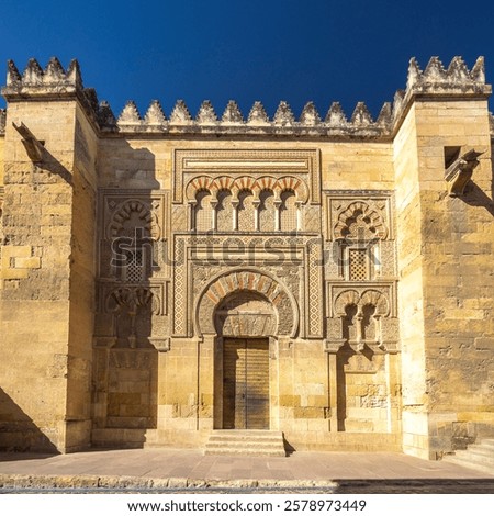 The Mosque–Cathedral of Cordoba, Cathedral of Our Lady of the Assumption in Cordoba town in Spain. Ornate entrance to a historic building, showcasing intricate stone carvings and large arched doorway.