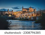 Cordoba Skyline at sunrise with Cathedral, Roman Bridge and San Rafael triumphal monument - Cordoba, Andalusia, Spain