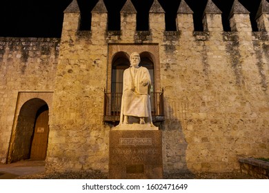 Cordoba / Spain - December 1 2019: Statue Of Averroes (Ibn Rushd) At Night