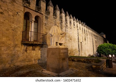 Cordoba / Spain - December 1 2019: Statue Of Averroes (Ibn Rushd) At Night