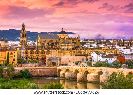 Cordoba, Spain at the Mosque-Cathedral and Roman Bridge.