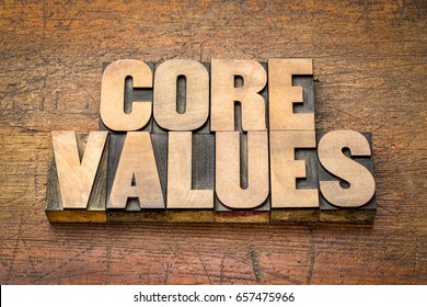 Core Values  Banner  -  Word Abstract In Vintage Letterpress Wood Type Blocks  Against Rustic Wooden Background