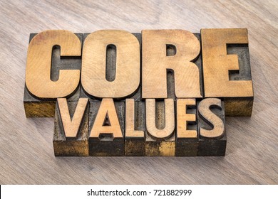 Core Values  Banner  -  Word Abstract In Vintage Letterpress Wood Type Blocks Against Grained Wooden Background