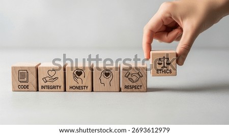 Core Values Symbol Blocks – Ethics, Respect, Honesty, Integrity, and Code in Professional Context