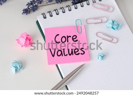 The Core Values text on colored sticky notes next to the light bulb icon, Copy space