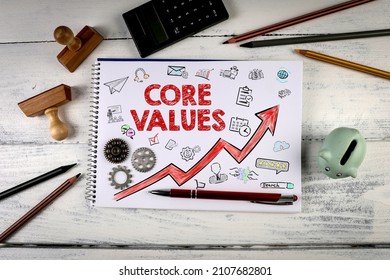 Core Values. Upward curve. Notepad and stationery on a wooden office desk.