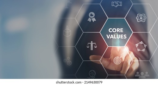 Core values,corporate values concept.  Company culture and strategy related to business and customer relationships, growth. Principles guide company's action. Businessman touching on core values.