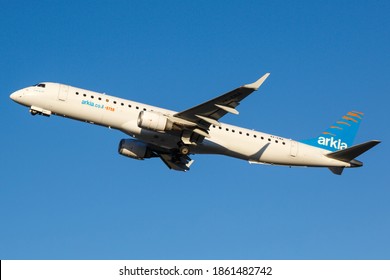 Corfu, Greece – 15. September 2017: Arkia Israeli Airlines Embraer 195 Greece Airforce  At Corfu Airport (CFU) In Greece. Embraer Is An Aircraft Manufacturer Based In Brazil.