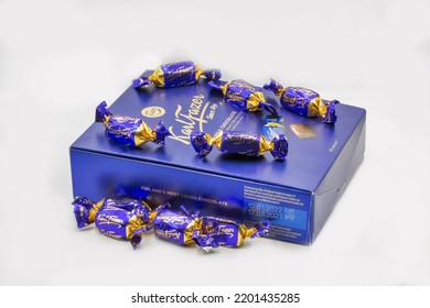 Corfu, Greece - August 15, 2021: Karl Fazer Traditional Milk Chocolates Closeup On White. Fazer Is One Of The Largest Corporations In The Finnish Food Industry.