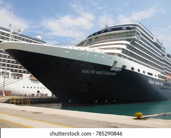 Corfu, Greece - August 2013: View of the bow of the Holland America Line "Nieuw Amsterdam" in port