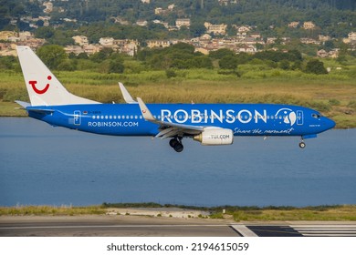 CORFU, GREECE - AUGUST 27 2022 - CORFU SUMMER - Aircraft Boeing 737-86J Of TUI Fly Airline With Registration D-ABKN (Robinson Club Resorts Livery) Shooting From Corfu Airport.