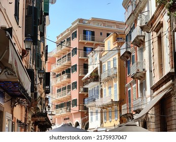 CORFU, GREECE, JUNE 2022: Street View Of An Old Town Of Corfu.
