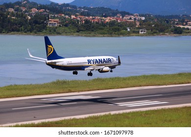 CORFU, GREECE - JUNE 5, 2016: Ryanair Boeing 737-800 arrives at Corfu International Airport, Greece. Ryanair is one of largest operators of Boeing 737 with fleet of 354 aircraft.