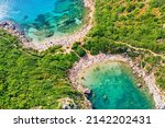 Corfu Island iconic image. Aerial drone view of Porto Timoni beach in Corfu. Ionian sea, Greece