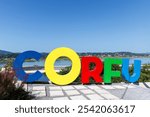 Corfu sign in Kanoni with copyspace copy space vacation on Corfu island in Greece