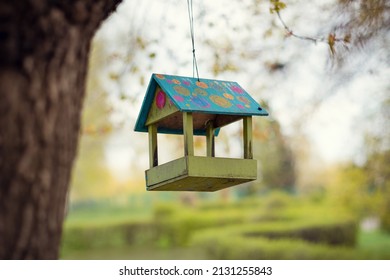 Corful Hand Made Bird Feeder. Spring Blooming Garden In The Background