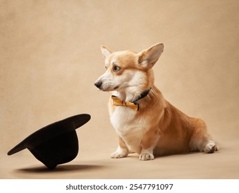 A Corgi wearing a yellow bow tie is sitting next to a black hat on a beige background. The dog appears curious and attentive. - Powered by Shutterstock