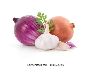 Coriander, Garlic, Onion And Red Onion Isolated On White Background.
