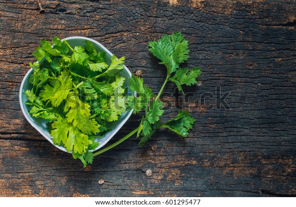 Coriander leaves, fresh\
green cilantro on wooden background, Food herbal aroma ingredient\
on dark wood.