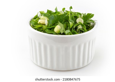 Coriander In Ramekin Isolated On White Background.