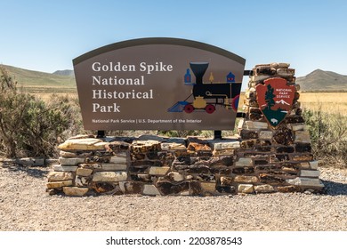 Corinne, Utah, USA May 2021.
Golden Spike National Historical Park Entrance Sign