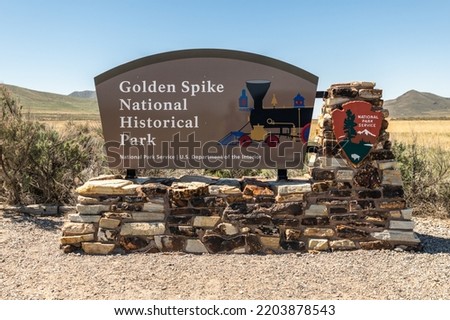 Corinne, Utah, USA May 2021.
Golden Spike National Historical Park entrance sign