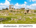 Corinth, Greece - 1 March 2023 - Ruins of the Temple of Apollo at the ancient town of Corinth