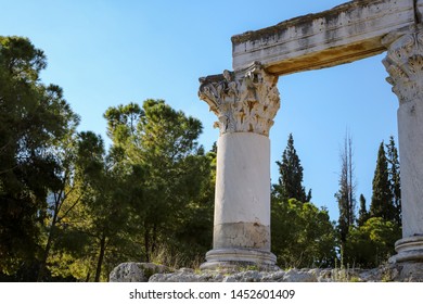 Corinth, Greece - January 9 2019: Detailed columns at the ruins of ancient Corinth. 