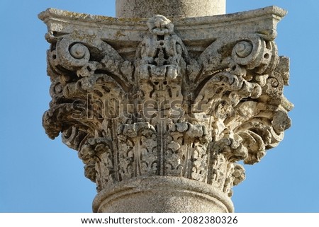 Corinthian capital of the Mariana column of 1694, work of Filiberto Aierbo d'Aragona, duke of Alessano and prince of Corsano. Santa Maria di Leuca, Castrignano del Capo, Lecce, Salento, Apulia, Italy