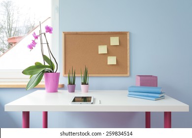 Cork Board Above White Desk In Cute Girl's Study Room