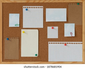 cork board with blank papers wooden frame. notes. colourful pin and paperclips . reminder. pin board. isolated. new year's resolution, goals.