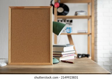 Cork board frame background at table in office. Class student home workplace