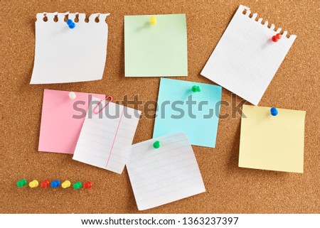 Cork board with pinned colored blank notes