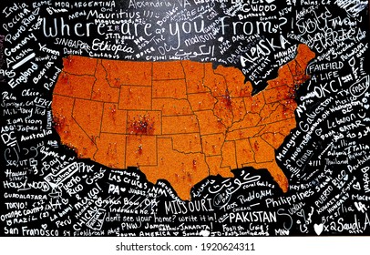  Cork Board Of The USA With Push Pins On A Black And White Background. Where Are You From? Getting To Know You Activity.                     