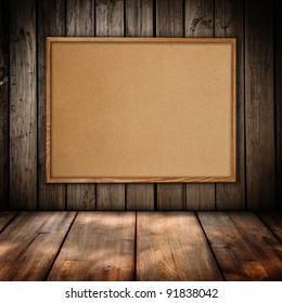 Cork Board At Wooden Panel Wall Interior Background