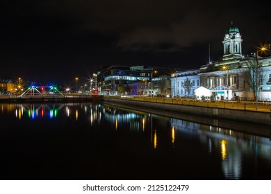 Cork City, County Cork, Ireland - Oct 25, 2021: View Of Cork City Hall And River Lee At Night