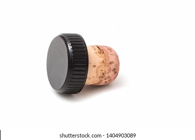 Cork For Wine With A Black Plastic Hat. Isolated On White Background.