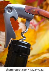 The corkscrew opens a bottle of wine on a festive bright background.