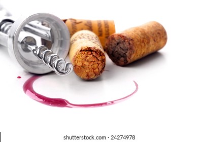 Corkscrew  and red wine stain over white background - Powered by Shutterstock