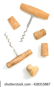 Corkscrew And Wine Cork Isolated On White Background