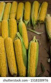 Corn In A Box At The Market. Autumn Harvest Sale. Thanksgiving Prep Concept