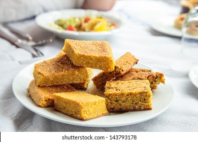 Corn Bread, Closeup Gluten Free Bread Slices Made By Corn Flour On Lunch Or Dinner Table. Traditional Turkish Food With Selective Focus