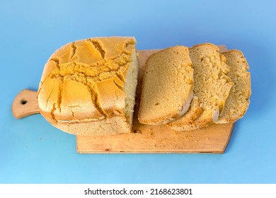 Corn Bread. Homemade Cornmeal Bread On A Blue Background .Top View.