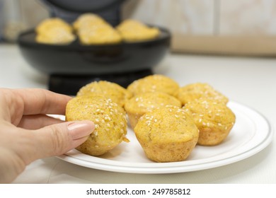 Corn Bread With Sesame In The Machine For Muffins