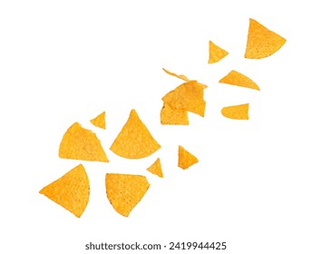 Corn chips nachos. Falling nachos chips corn chips isolated on white background with clipping path. mexican nachos chips